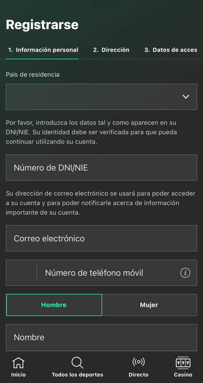 Podrás registrarte en la aplicación de Bet365 con solo un par de clics.