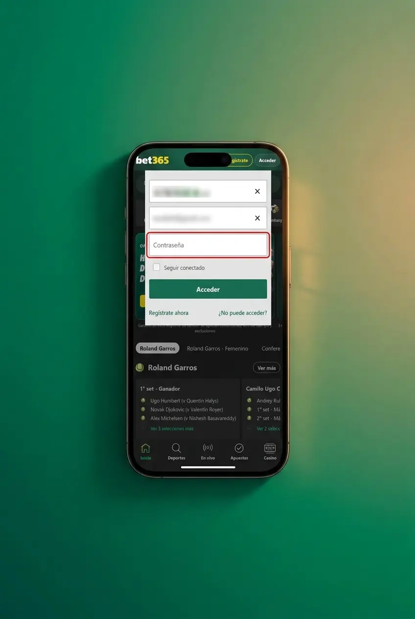 Pantalla de inicio de sesión en Bet365 con formulario de acceso por usuario y contraseña desde cualquier dispositivo