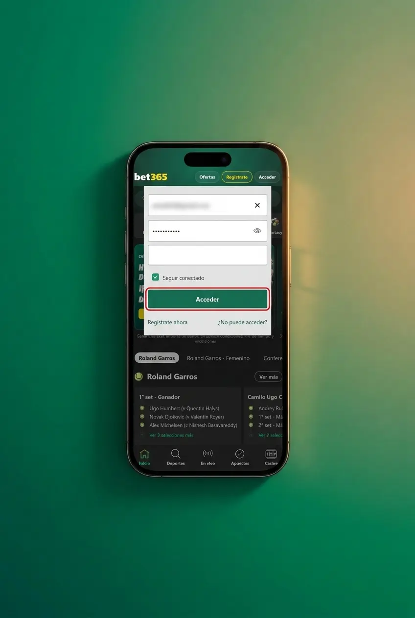 Pantalla de inicio de sesión en Bet365 con formulario de usuario y contraseña para acceder a la cuenta