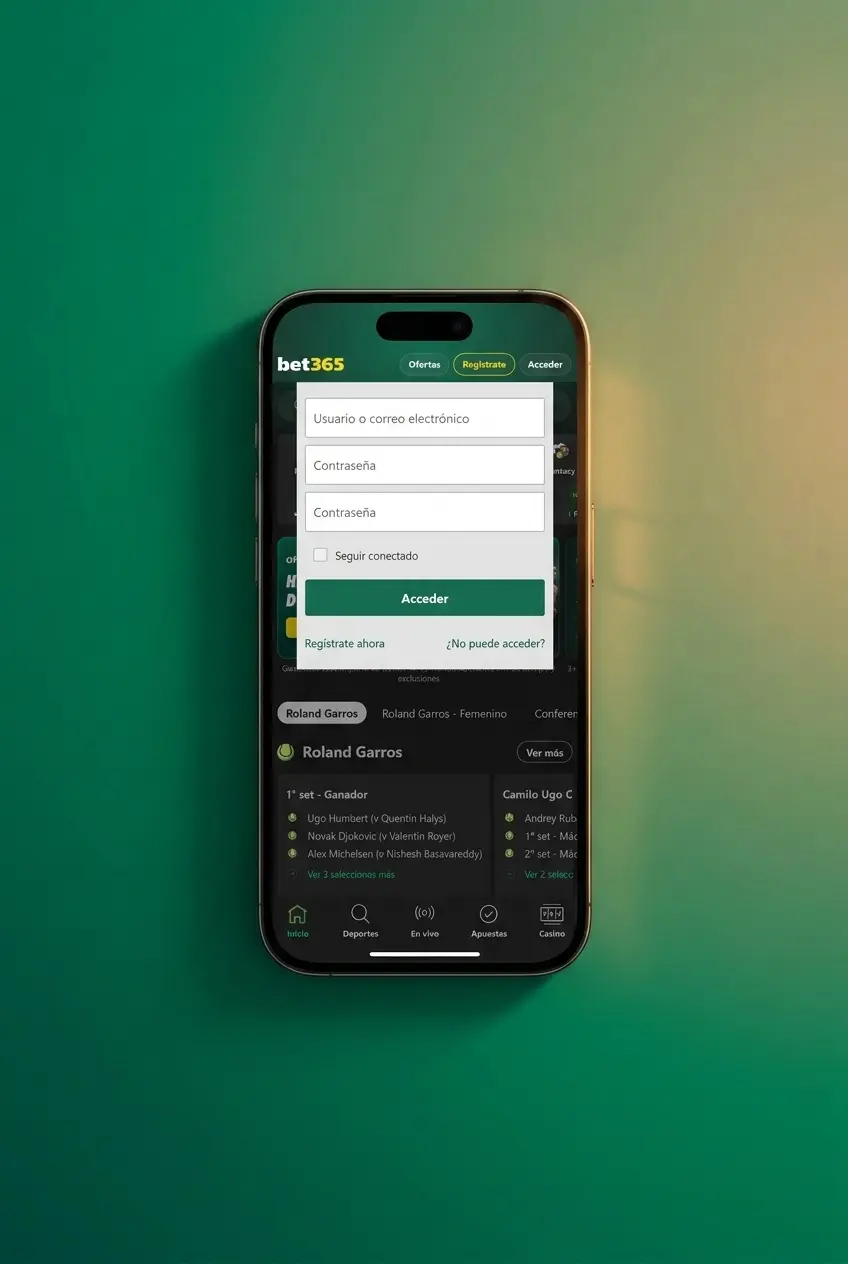 Pantalla de inicio de sesión en Bet365 con formulario de usuario y contraseña para acceder a tu cuenta