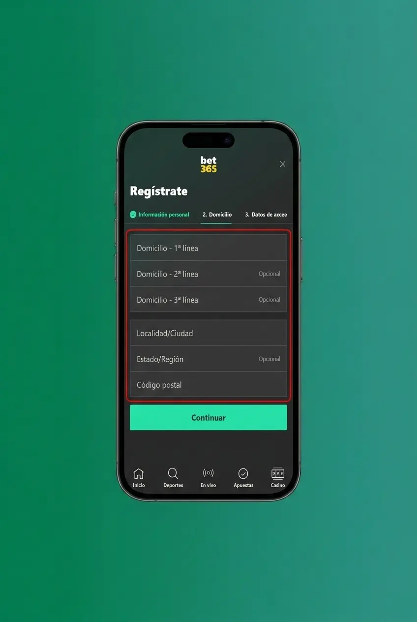 Pasos para registrarse en Bet365 desde Chile: formulario en español con campos de RUT, correo y contraseña