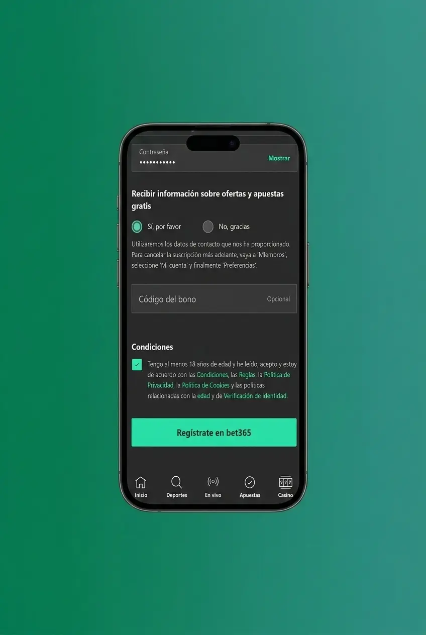 Pasos para registrarse en Bet365 desde Chile: formulario en español con campos de datos personales y verificación