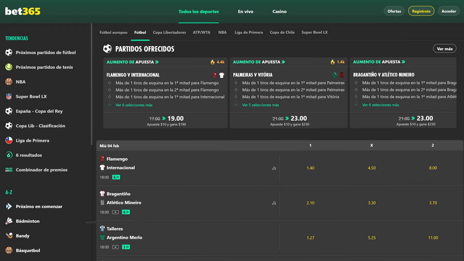 La sección de apuestas deportivas de Bet365 presenta los mejores partidos.