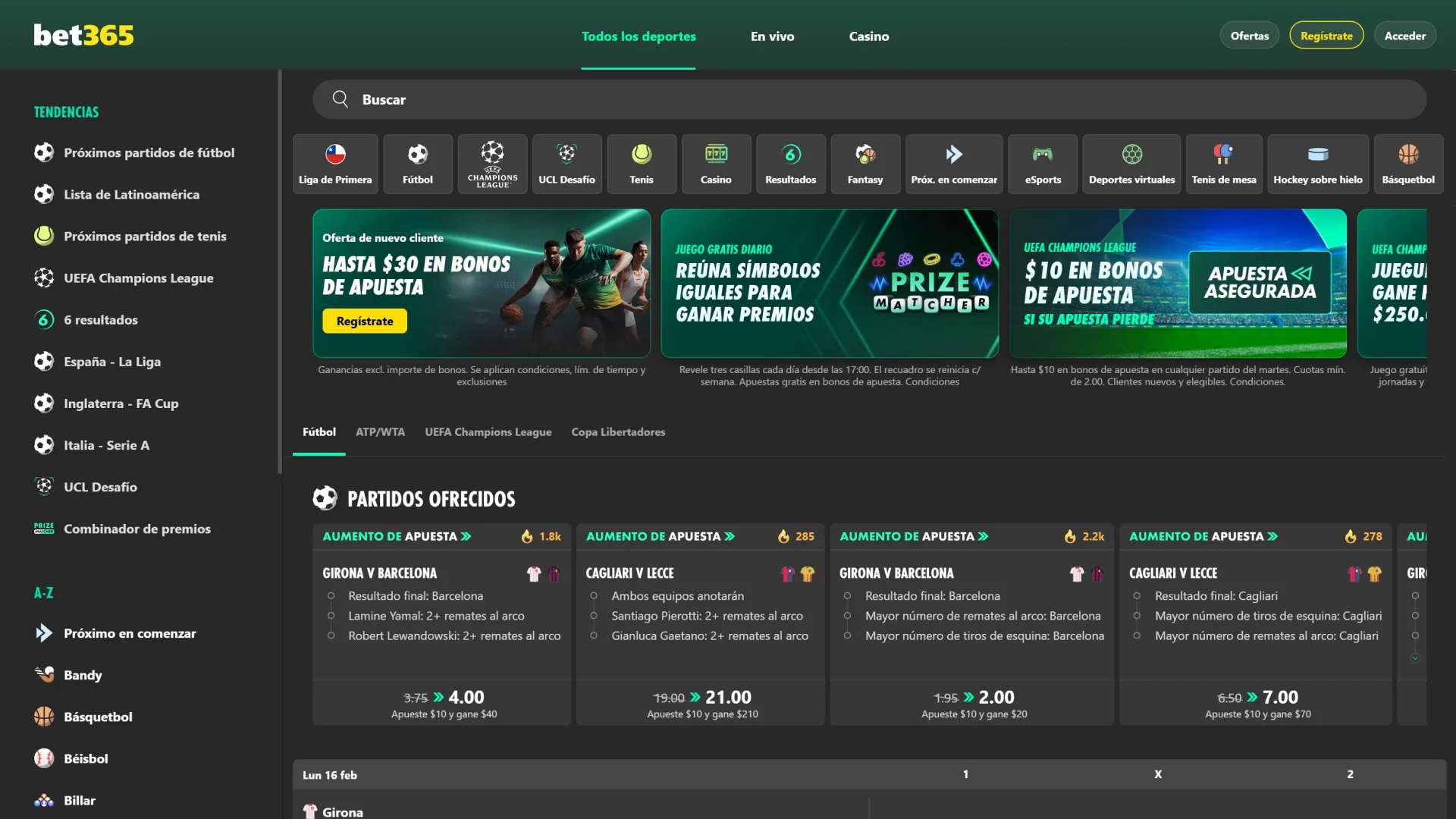 Gracias a la cómoda navegación en la página principal del sitio web de Bet365, encontrarás rápidamente la sección que necesitas.