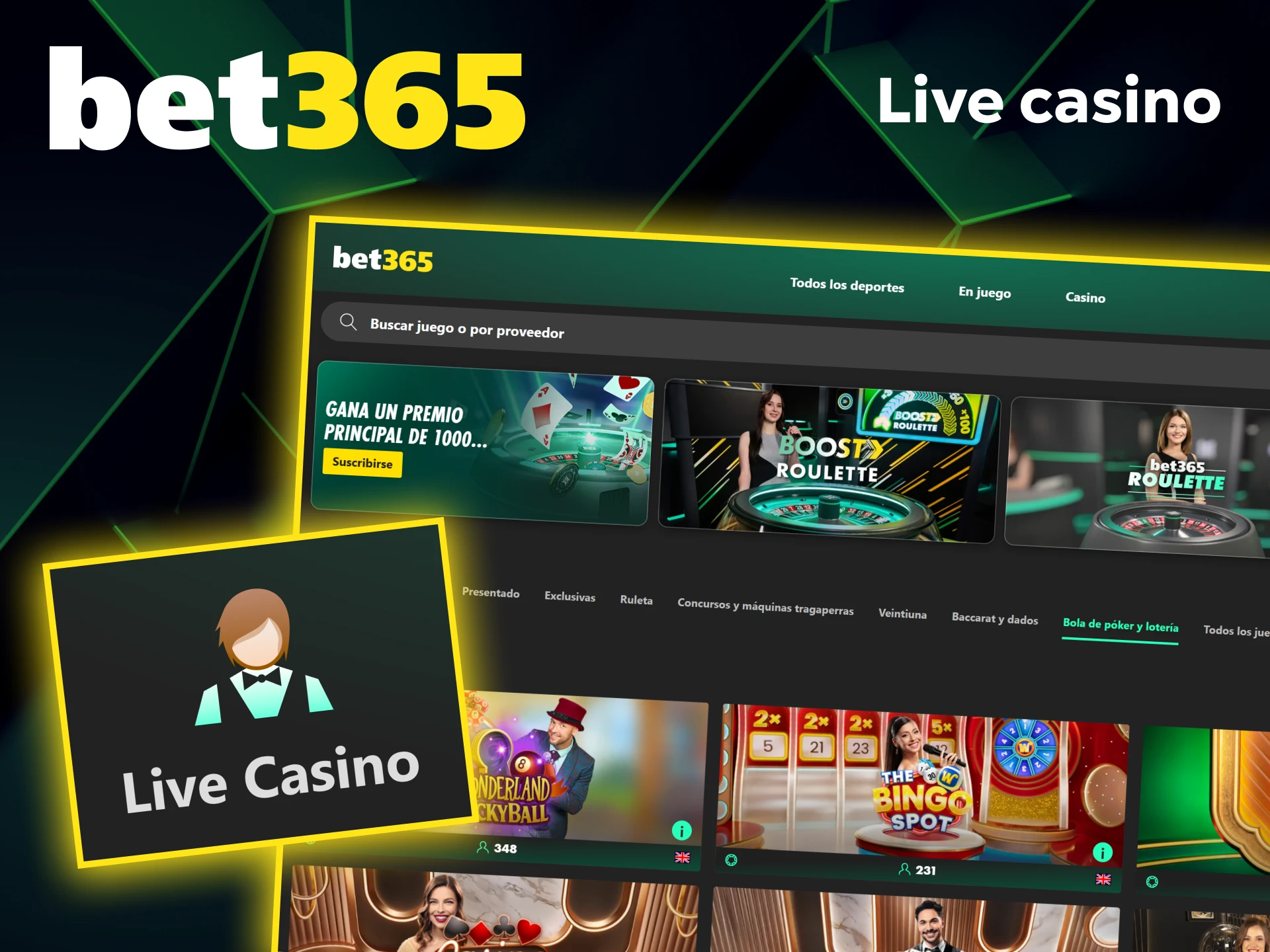 Entra al casino en vivo de Bet365 y juega con crupieres reales.